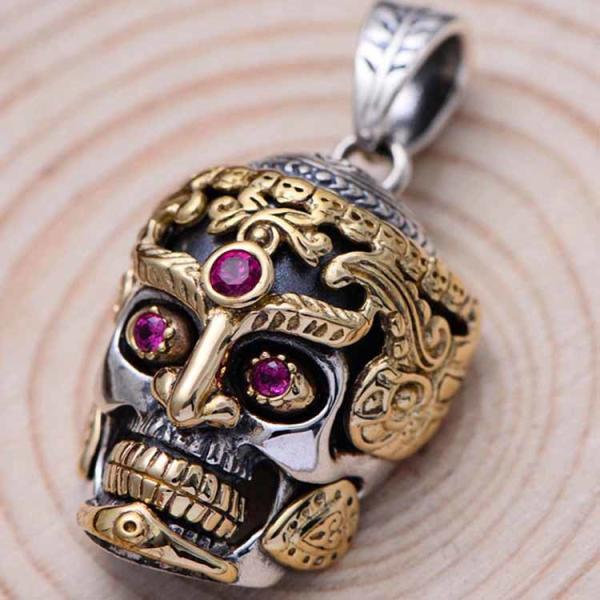 Vintage 925 Silver Golden Tone Skull Pendant Women Men Necklace (N20180406)