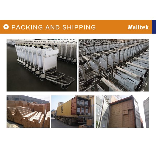 Chariot de bagages d'aéroport en acier inoxydable avec frein à manche