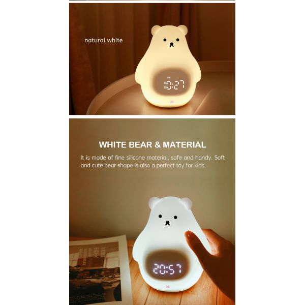 Luz e som de noite LED máquina Urso bonito relógio de treinamento de sono para quartos de crianças