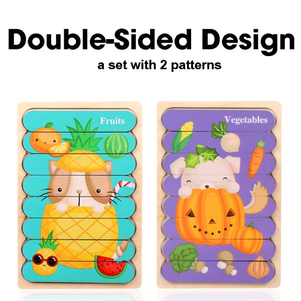 Double Sided Strip 3D Puzzles Baby Toy Wooden Montessori Materials Educational Toys For Children Large Bricks Kids Learn