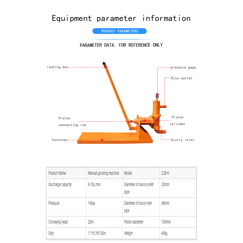 Single Cylinder Piston Sand Concrete Manual Grouting Pump with 45 kg Weight Capacity