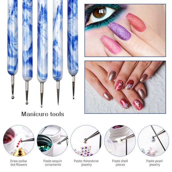 Nylon Hair Marble Handle Nail Gel Brush Two Way French UV Gel Double End