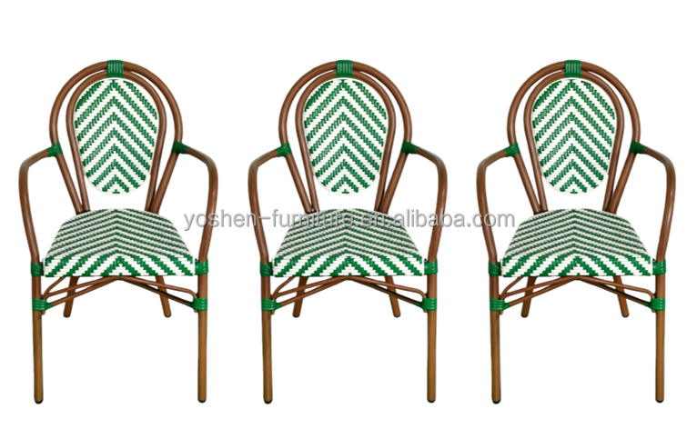 Stackable Curved-Back Synthetic Wicker & Bamboo Commercial Outdoor Green Chair