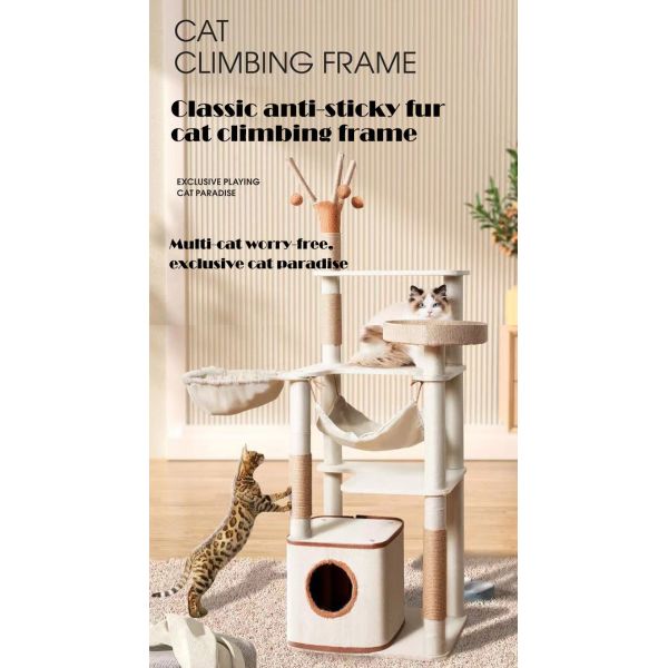 Fully Wrapped Wooden Cat Tower with Replaceable Dangling Balls and Scratching Sisal Posts
