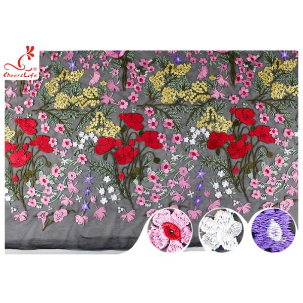 Multi Colored Floral Heavy Embroidered Lace Fabric For Evening Dress OEM