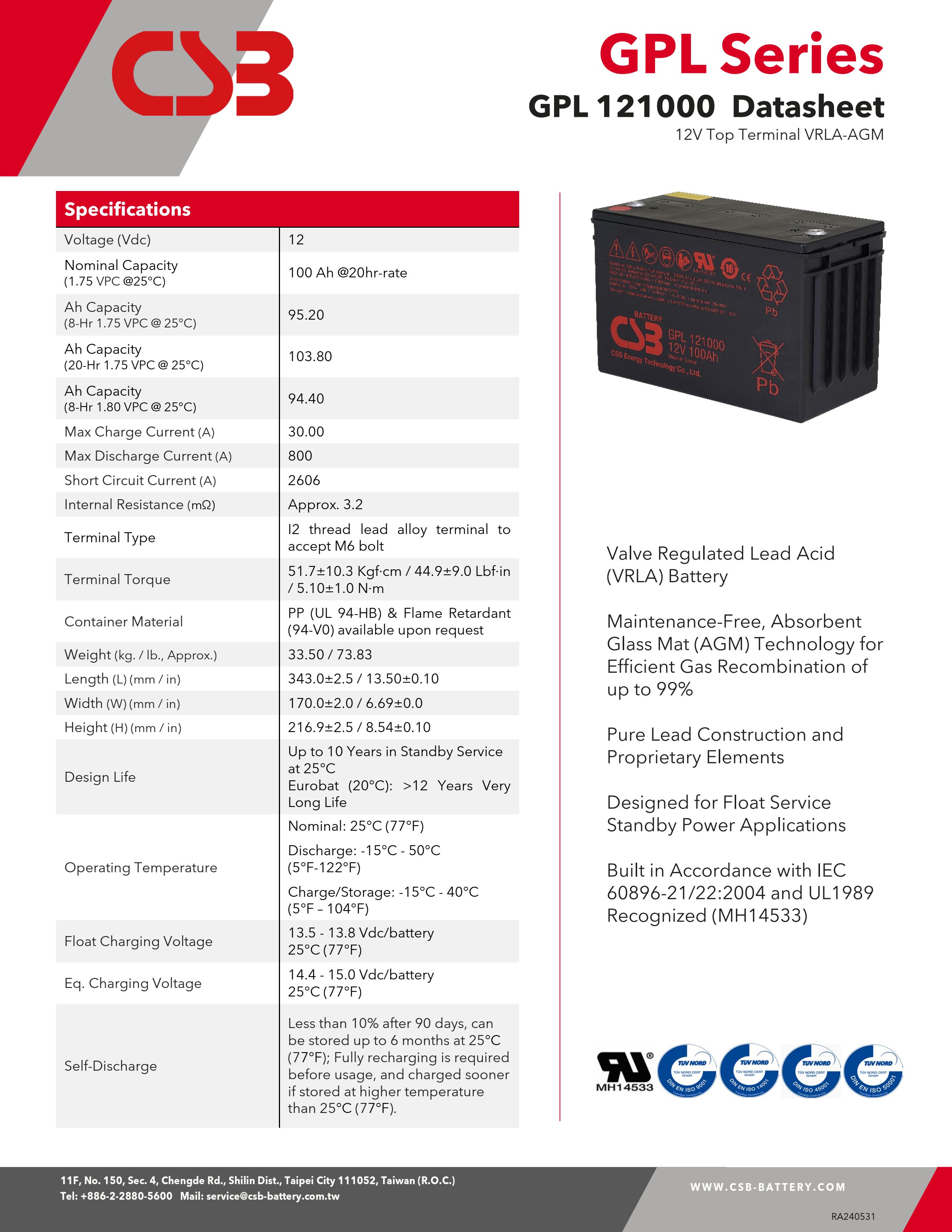 Batería CSB GPL121000 12V 100Ah recargable sin mantenimiento Baterías selladas de plomo-ácido, paneles de alimentación de CC, baterías VRLA 100Ah