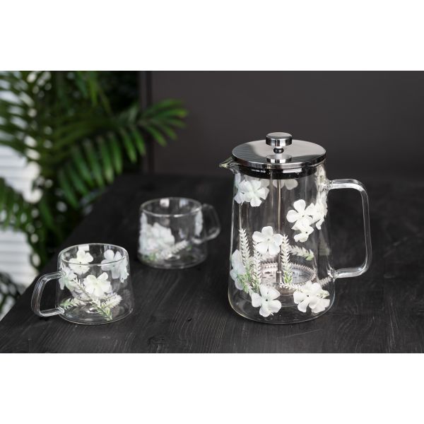 Romantic Beautiful Double Wall Glass French Press With Flowers 300ml 600ml Capacity