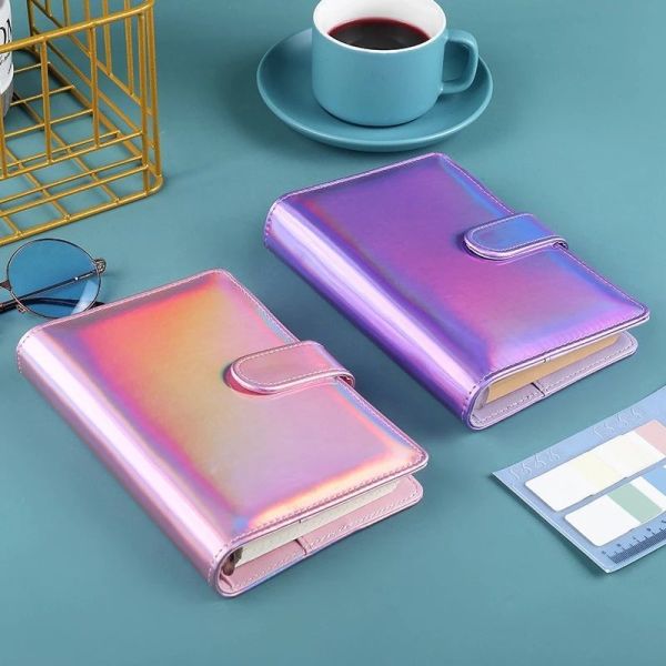 A6 Holographic 6 Ring Cash Envelope Savings Organizer Planner Cover Rainbow Pu Leather A5 Budget Saving Binder