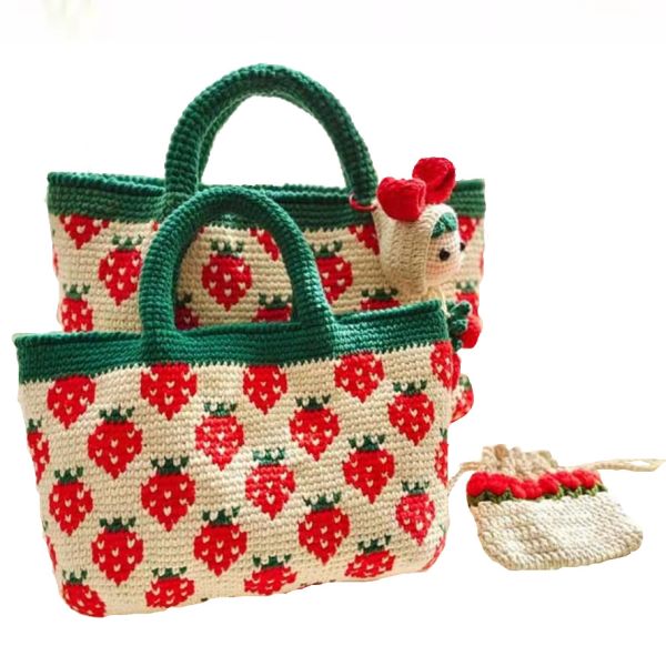 White Woven Cotton Bag , Strawberry Womens Crochet Handbags 32cm×25cm