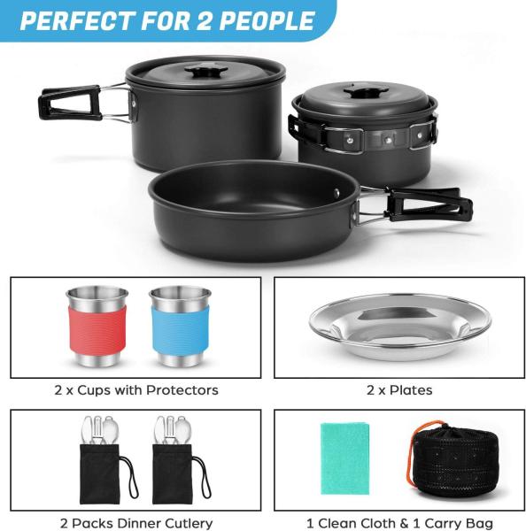Stainless Steel Camping Outdoor Cookware Mess Kit Set, Folding Cookset Camping Teapot and Pans Set Equipment