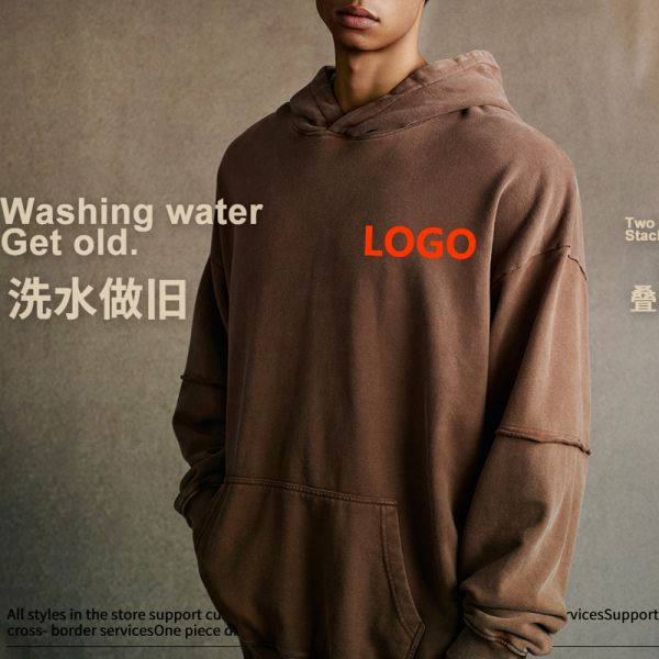 2025 Unisex Winter Pullover Hoodie 100% Cotton 370gsm Oversized Solid Acid Washed Comfort Fit