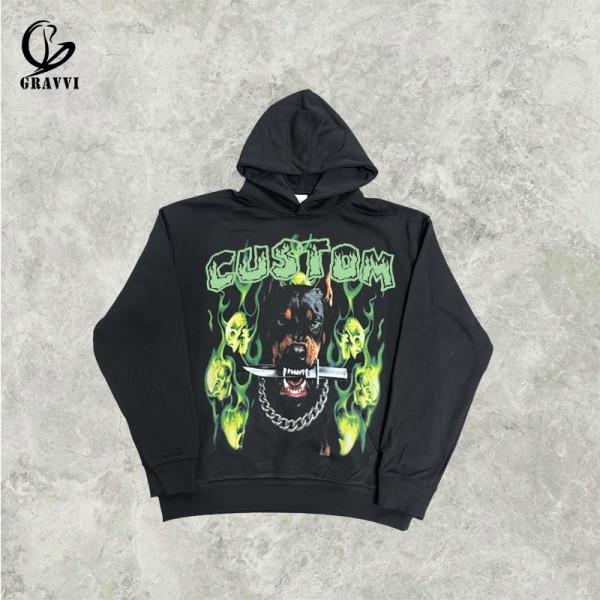 Flame Dog Graphic Vintage Hoodies Hip Hop Pullover Oversized Hooded Sweatshirt