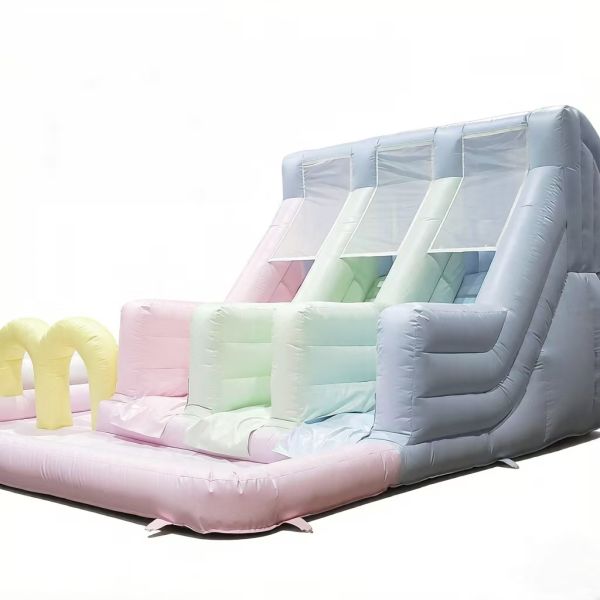Pastel Rainbow Triple-Lane Inflatable Slide with Ball Pit Inflatable Bounce House for Kids  Parties