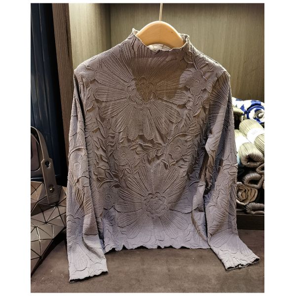 Japanese Pleated Stand Collar Long Sleeve T-shirt Top Printed Pleated Embodying Pleated Process Makes Flower Fashionable
