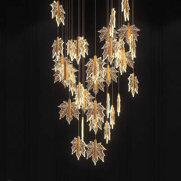 Moderne Led Art Simple Acrylique Lustreur de feuille d'or Maison Hôtel Escalier Dining Décorer Pendant Lumière