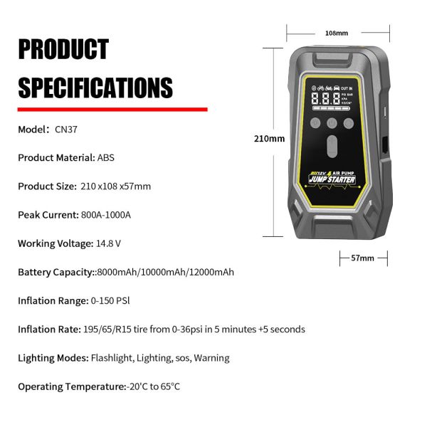 Electric Air Pump Tire Inflator 8000mAh 10000mAh 12000mAh Intelligent Emergency Car Jumper Starter