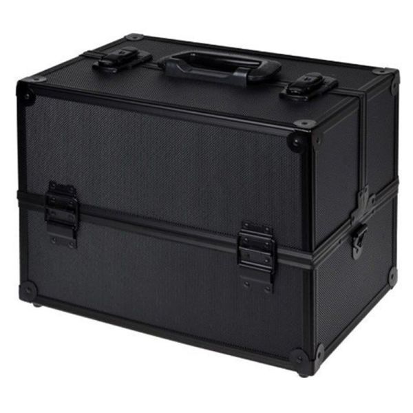 Black Aluminum Makeup Cosmetic Jewelry Storage Case Box Lockable w Tiers Strap