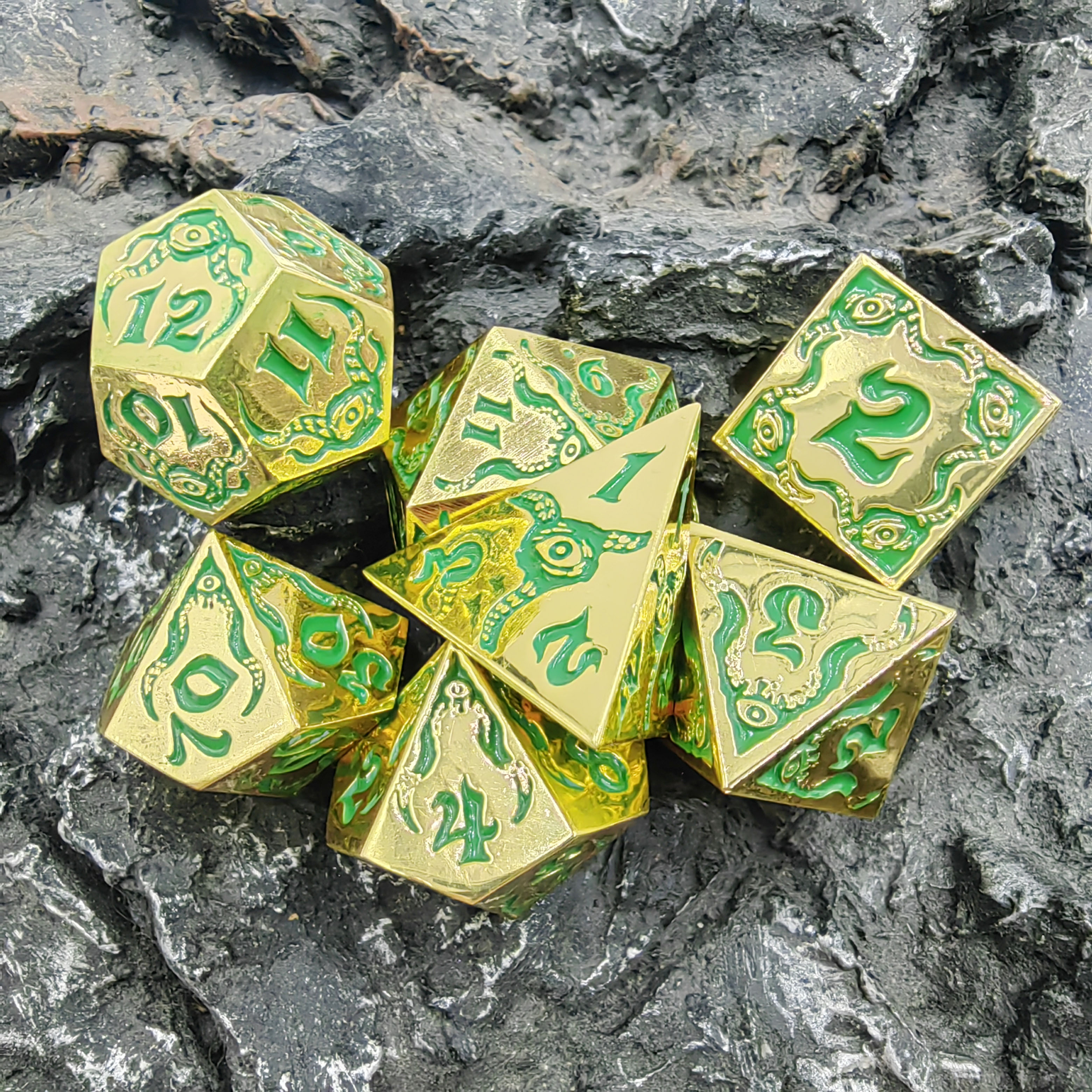 Premium Zinc Alloy Polyhedral Dice Set with Cyan Enamel Tentacles - 7pcs for DND RPG Tabletop Games