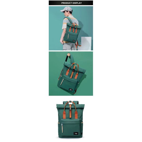 Green 42cm Travel Laptop Backpack Expandable Roll Top Backpack Oxford OEM