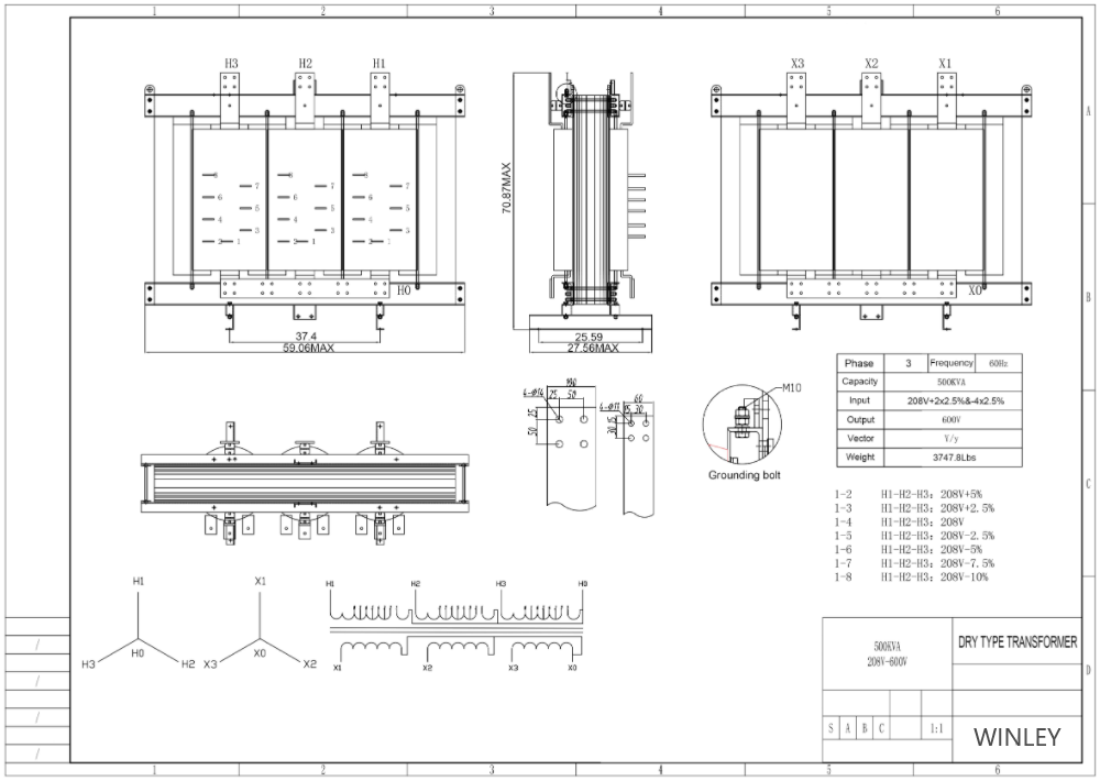 DOE 500k Трехфазный трансформатор сухого типа Step up 208V To 600V NEMA 3R