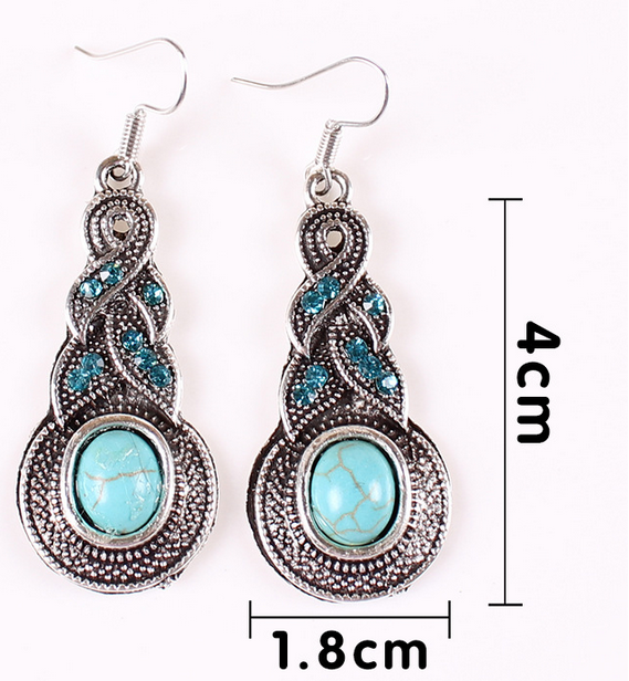 Classic retro ancient silver plated diamond jewelry gourd shape turquoise earrings