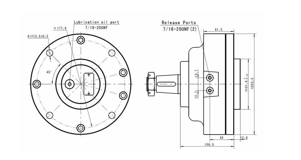 External Hydraulic Brake assemblied with Hydraulic Motors (BMP, BMR, BMS, MP, MR, MS, OMP, OMR, OMS, etc.) apply Engineering, Construction, Material Handling, and Agricultural Machinery