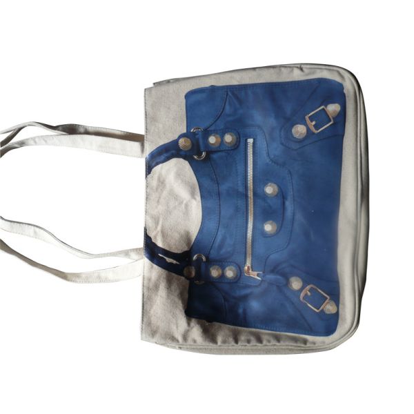 Dark Blue Jean Fabric Shopping Bag, Printed Canvas Shopper Bags With Metal Link