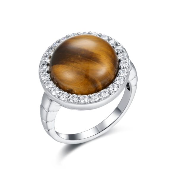 Wedding 925 Silver Gemstone Rings Round Shape Engagement Tiger'S Eye Rings