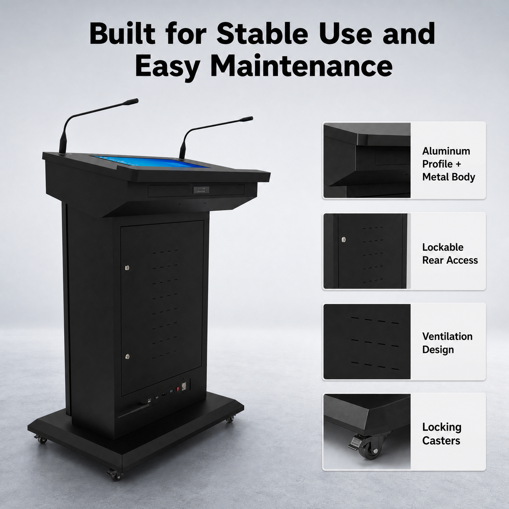 43 Inch Display 21.5 Inch Touchscreen X86 Smart Digital Podium with Dual Gooseneck Microphones