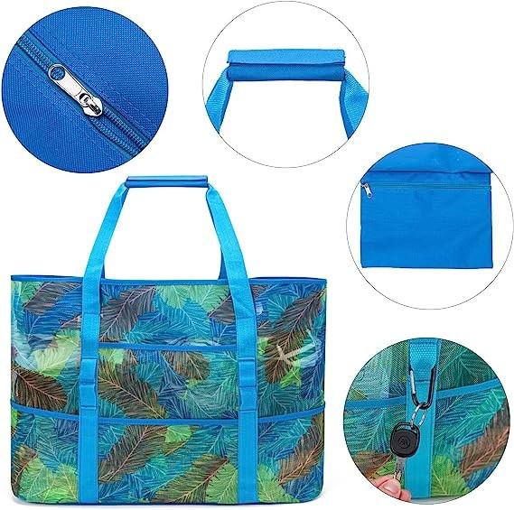 Mesh Beach Bag, Extra Large Beach Bags with 9 Pockets & Zipper Waterproof Lightweight Beach Tote for Beach/Pool Trip