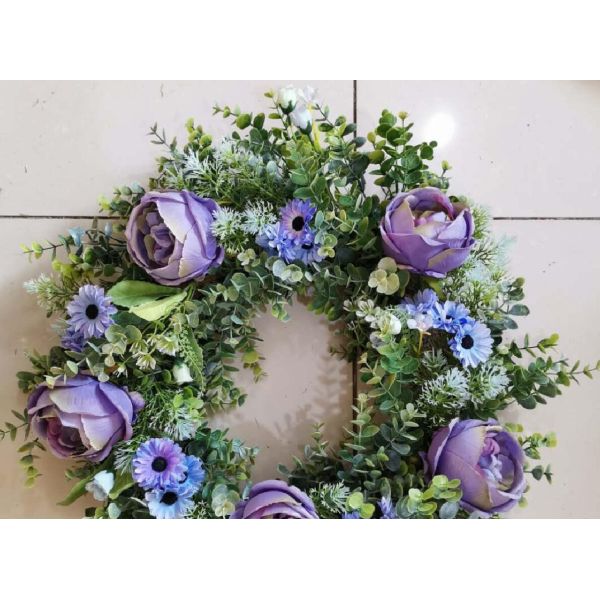 Artificial 55cm Purple Blue Rose Chrysanthemum Wreath With Green Leaves