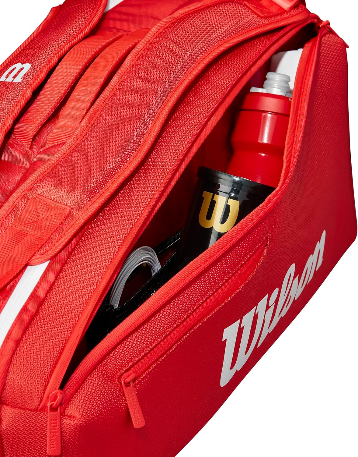 Wilson Super Tour Red Tennis Racket Backpack designed to hold up to 6 rackets with thermoguard lining and dual carrying system for comfortable transport