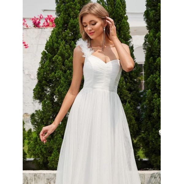 Exquisite One-shoulder Sweetheart Ruffled A-line Zipper Pleated High Slit White Tulle Bridesmaid Dress