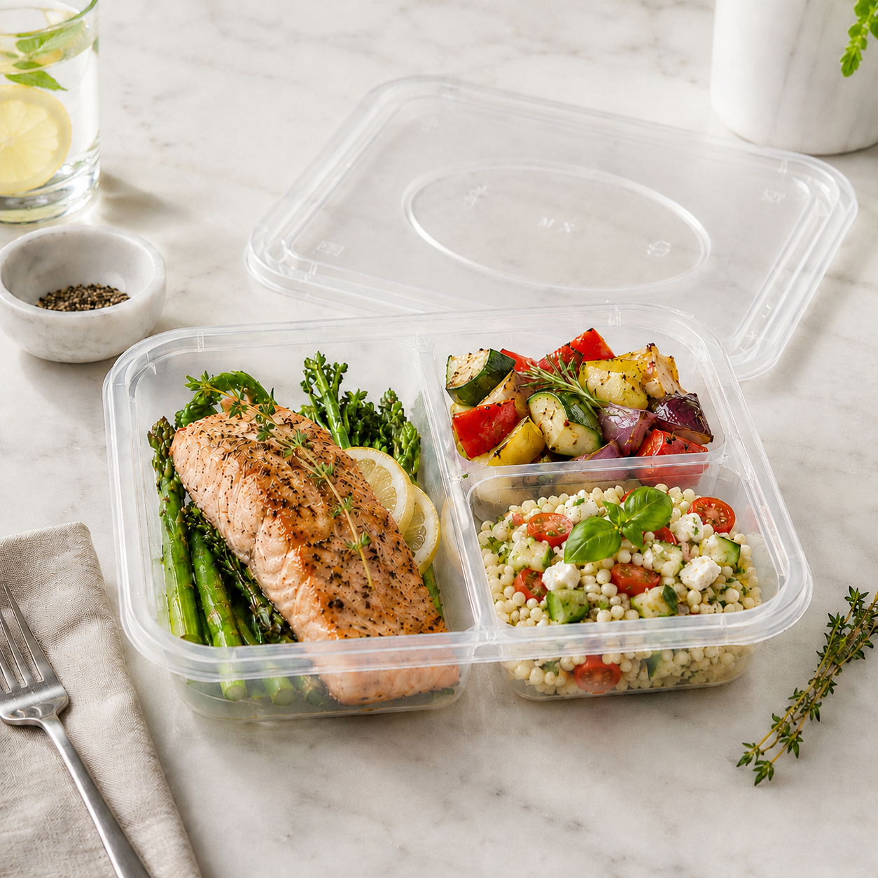 Three Section Shallow PP Compartment Food Containers for Takeaway Meal Trays