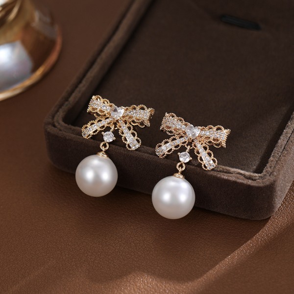 Wholesale Micro Insert Zircon Bowknot Pearl Brass 14K Real Gold Fashion Korean Silver Needle Earrings Women Jewelry