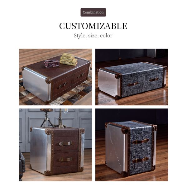 Nidea #8611 Red Wine  Bar Coffee Table Personalized Hotel Reception Room Industrial Style Double Drawer Retro Aluminum Leather Rivets