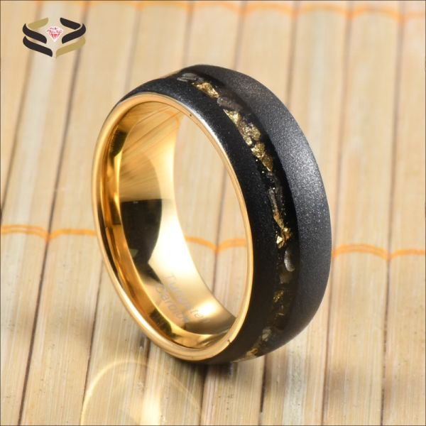 Men Crushed Meteorite Tungsten Ring Sandblasted Gold And Black Gold Foil 8mm
