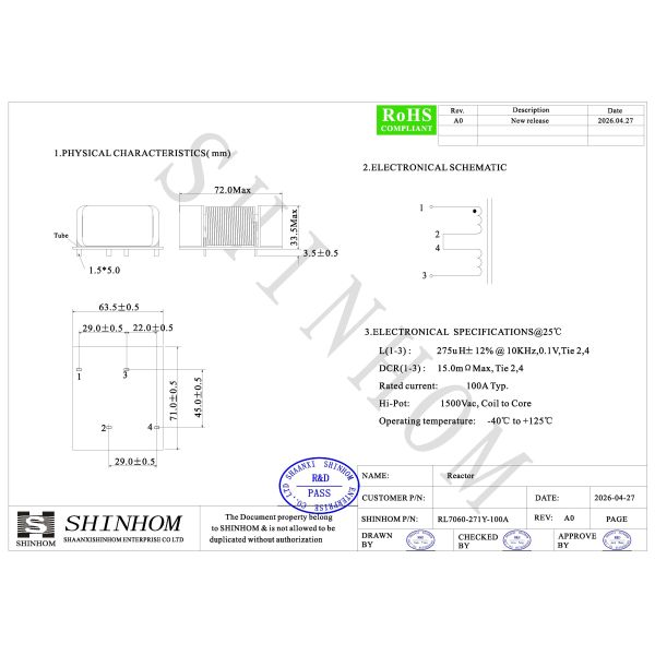 Flat Wire Low Profile High Current Inductor , Reactor