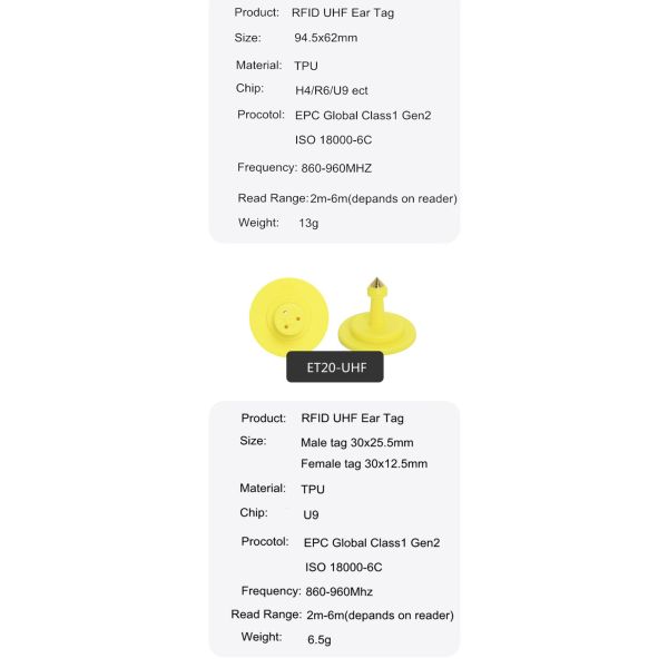 Long Range TPU 860-960Mhz ISO 18000-6C UHF RFID Livestock Ear Tags Cattle Ear tags