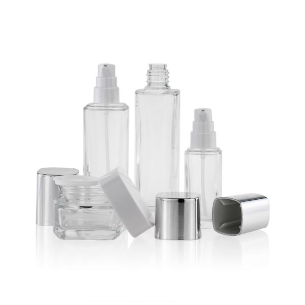 Os recipientes cosméticos vazios do vidro 50ml 100ml 120ml bombeiam o tampão do pulverizador e o tampão de parafuso