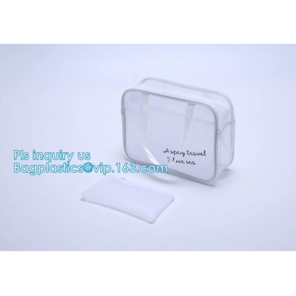 Embroidery Logo black nylon mesh cosmetic bag with zipper, mesh net zipper cosmetic makeup bag with custom logo, Women M