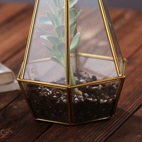 Custom Large Crystal Vases , Clear Gold Geometric Vase Metal + Glass Material