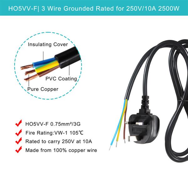 3-Core British Plug Power Cord 0.75mm² to 1.5mm² Pre-Stripped Tinned