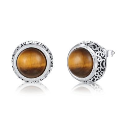 3.39gram Tiger Eye Stud Earrings Round Bezel Oil Black 925 Sterling Silver