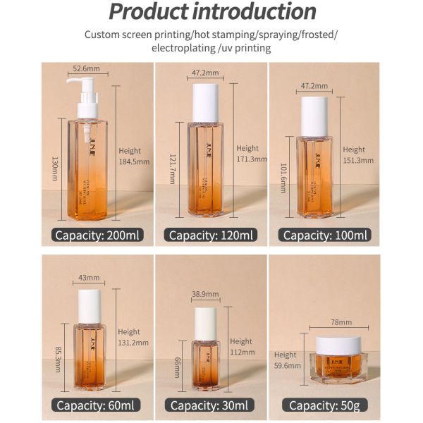 Envases cosméticos de lujo de 100 ml 120 ml 200 ml Botella de loción hexagonal de plástico con bomba de pulverización de niebla corporal para envases para el cuidado de la piel
