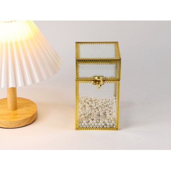 Gold quadrilateral dust proof Makeup Brush organizer box lid glass eyebrow pencil eyeliner Pearl storage canister