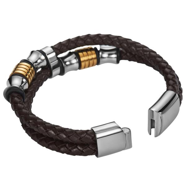 High quality body jewelry double stainless steel woven leather bracelet with magnetic clasp