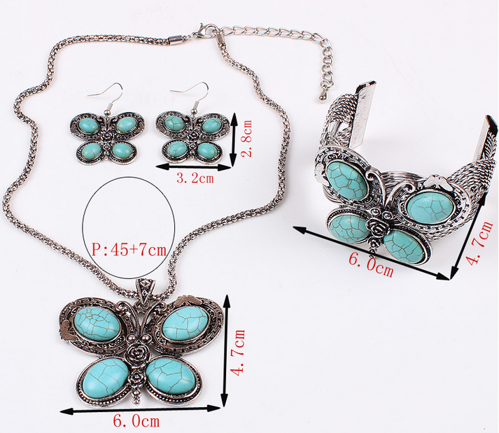 Turquoise jewelry set fashion personality three butterfly earrings necklaces bracelets