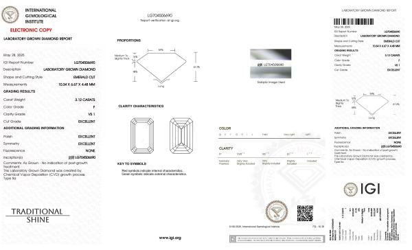Excellent Cutting Lab Grown CVD Diamond Emerald Cut 3ct F VS1 IGI Certified 3EX Diamond