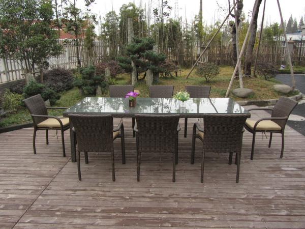 Dark Brown Rattan Garden Dining Sets With Table And 8pcs Arms Chair